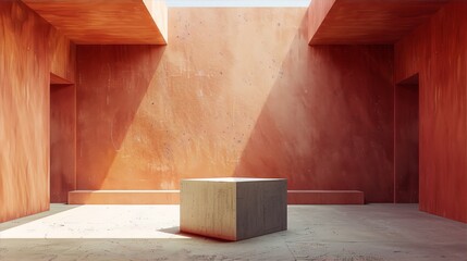 Minimalistic concrete architectural space with a single spotlight illuminating a central podium against a backdrop of warm, textured walls and a high ceiling.