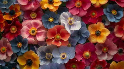   A close-up of various colored flowers in the image's center