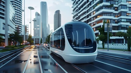 Futuristic Autonomous Public Transport System Gliding Through Sleek Urban Landscape with Towering High-Rise Buildings - obrazy, fototapety, plakaty
