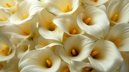   A close-up of numerous white flowers with yellow stamens situated in the center of their petals - obrazy, fototapety, plakaty
