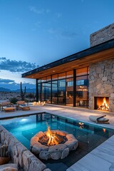outdoor living space - modern mansion in the desert at night with swimming pool