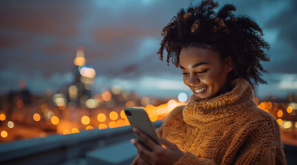 A smiling woman of color looking at their phone illuminating her face, standing outside at dusk. a...