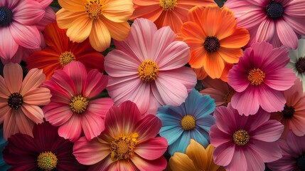   A tight shot of vibrant blossoms, colors concentrated in petal middles, centered within blooms