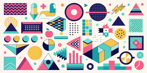 A variety of geometric shapes and patterns, including circles, triangles, and squares, are displayed in a vibrant array of colors against a light background. The composition suggests a retro.AI genera