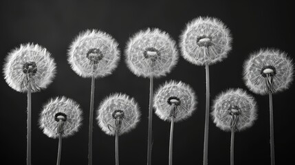   A monochrome image of dandelions drifting in wind against a black-and-white backdrop
