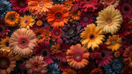   A close-up of various colored flowers filling the image's center The flower cluster's heart lies at the picture's core