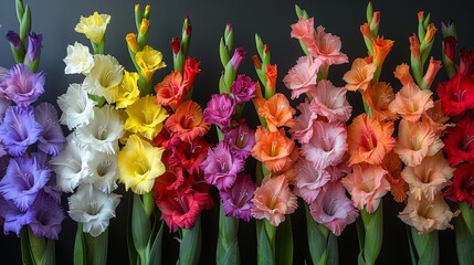   A line of multicolored gladioli against a black backdrop, their hues matching the flowers