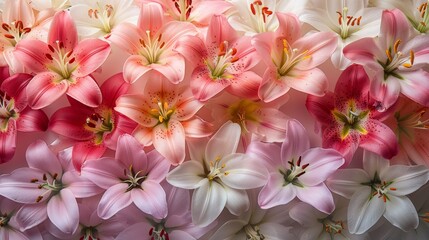   A cluster of pink and white blooms against a white and pink backdrop; a red center is encircled by smaller pink and white blossoms