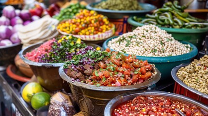 Colorful bowls of various spices and foods. A vibrant market scene.
