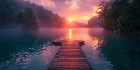 calming moment in a sunrise lake landscape with a wooden pier	
