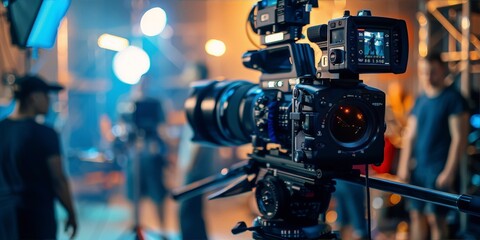 Fototapeta premium Filming a movie scene with a professional camera in a studio with crew members in the background
