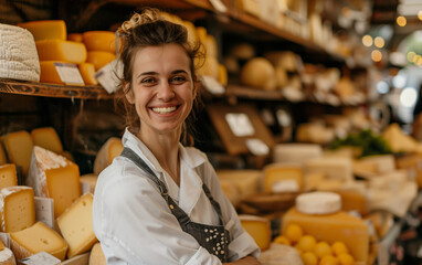 Smiling cheese seller in a clean white apron, showing cheese to customers, behind the seller there are different types of cheese