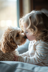 A child shows love to his dog in the nursery.