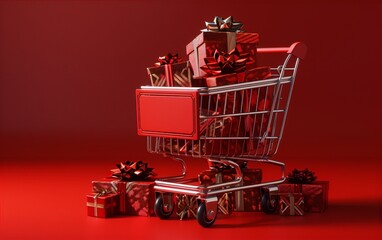 Red shopping cart with red gifts on red background.