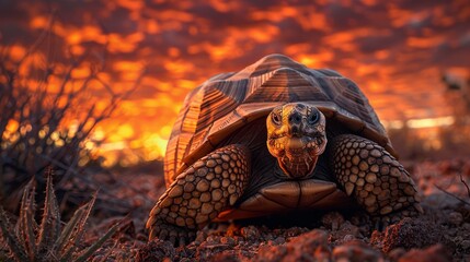 Stunning portrait of a desert tortoise against a fiery sunset backdrop