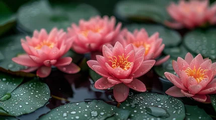 Foto op Canvas   A cluster of pink water lilies atop a verdant, water-dotted leaves © Shanti