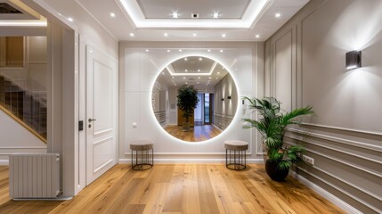 Entrance hall with large mirror install on wall over hardwood floor close to white front door and intercom phone. Vertical shot of modern apartment with minimalist interior design