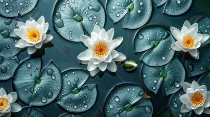 Foto op Canvas   A collection of white water lilies bobbing atop a body of water, adorned with beads of liquid droplets © Shanti