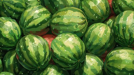   Red backdrop features a mound of verdant watermelons, their surfaces dotted with water droplets, in a painterly representation