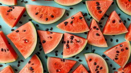 Foto op Plexiglas   A collection of watermelon slices against a blue backdrop, adorned with seeds atop and beneath © Shanti