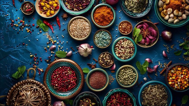 Colorful array of spices in small bowls.
