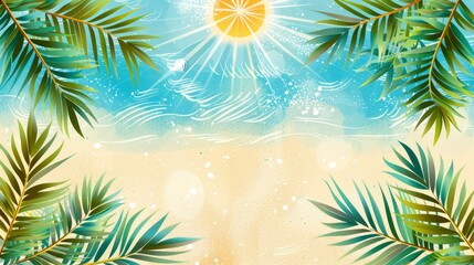  palm leaves dot the sandy shore; a radiant sun hovers center stage; behind, a blue sky unfolds