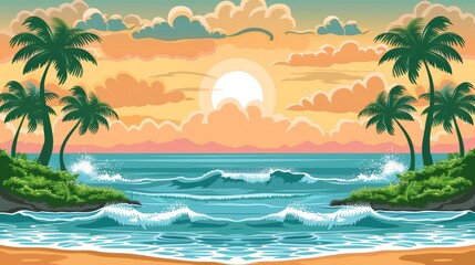 Fototapeta na wymiar palms, beach, waves; foreground, crashing waves
