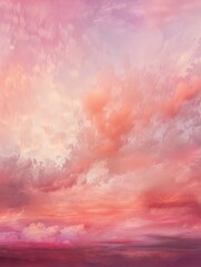 Pink cloudscape in a gradient of pink, orange, and yellow with a painterly quality, resembling an abstract painting. - obrazy, fototapety, plakaty