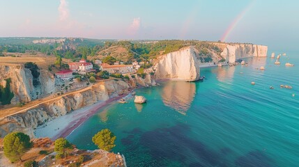   A birds-eye perspective of a beach reveals a rainbow arching over the water, while houses line the cliffside