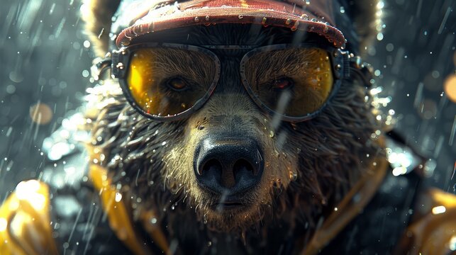   A tight shot of a bear donning glasses and a hat, with raindrops adorning its facial features and a hat atop its head