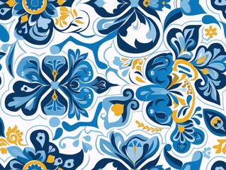 Blue and yellow floral and geometric elements in a seamless pattern reminiscent of Portuguese azulejos.