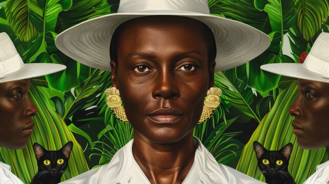   A painting of a woman in a white hat, surrounded by two black cats, against a backdrop of green foliage