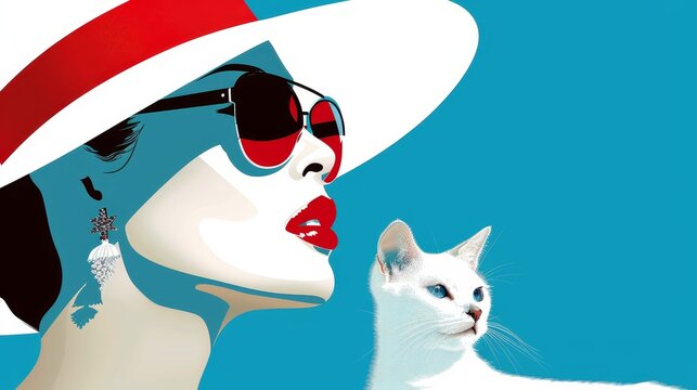   A painting of a woman in a red-and-white hat and sunglasses, with a white cat positioned in front of her