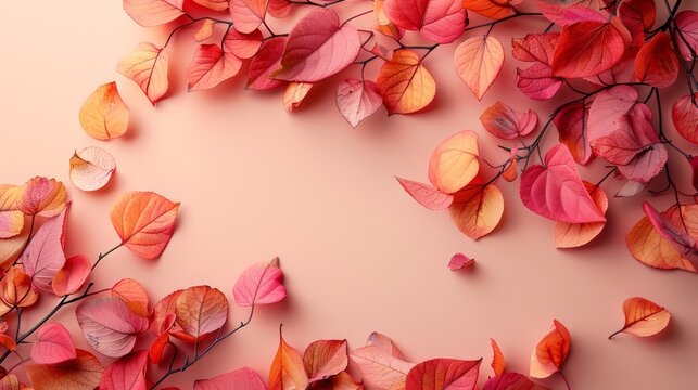   A tight shot of assorted leaves against a soft pink backdrop Text space on the image's left side