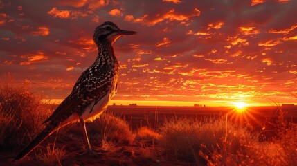 Majestic roadrunner bird poised against a vivid sunset sky.