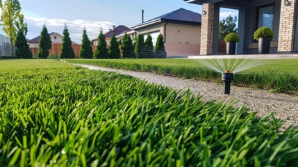 Self-installation of irrigation with a retractable sprinkler in the finished lawn. Laying water pipes with sprayers under the lawn for irrigation. - obrazy, fototapety, plakaty