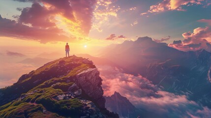 Lonely hiker standing on a mountain peak enjoying a vivid sunset over a majestic mountain range with clouds in the valley below - obrazy, fototapety, plakaty