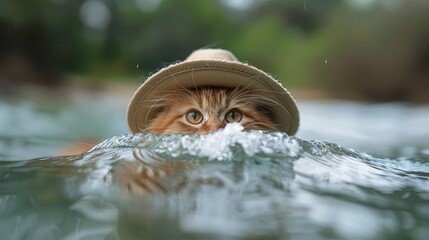   A cat in a hat swims in a body of water Trees line the background