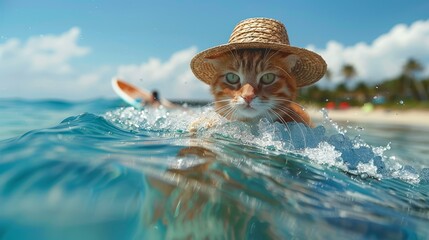   A cat atop a straw hat, atop a surfboard, rides a wave in the ocean