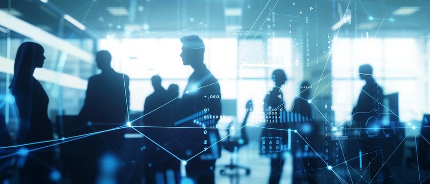 Silhouettes of business professionals in blue-toned office, digital network overlay suggests technology and connectivity.