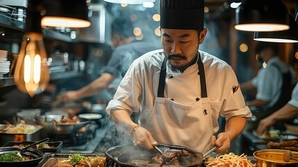 A Chinese chef in the kitchen, wearing white apron and black hair hat with beard preparing steak on iron plate surrounded by various dishes, busy atmosphere, dark lighting. Generative AI.