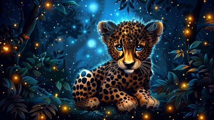   A cheetah sits in a forest night, surrounded by stars and a full moon - obrazy, fototapety, plakaty