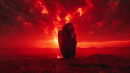 Majestic Vulture at Sunset, Dramatic Red Sky Over African Savannah - obrazy, fototapety, plakaty