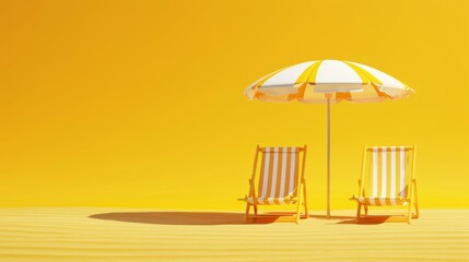 Two striped deck chairs and a beach umbrella on a desert of golden sand convey solitude and tranquility under a bright yellow sky - Powered by Adobe