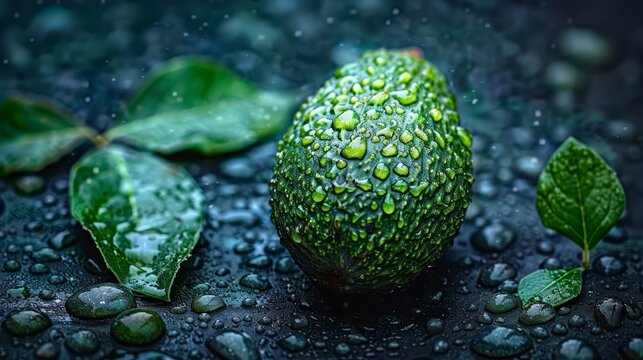   A green fruit atop a damp ground, surrounded by verdant leafy plants and water droplets beneath