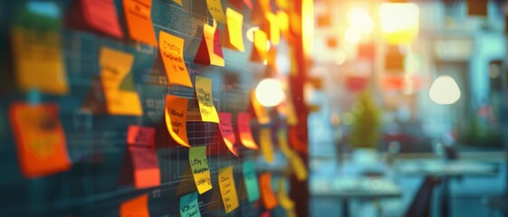 Colorful sticky notes on a glass board in a brainstorming session with a blurred office background