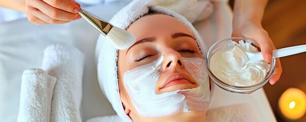 A beautician is using a brush to apply a facial mask to a woman who is resting down in the spa with her eyes closed.