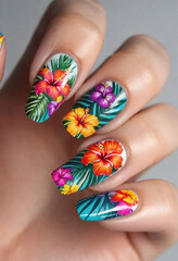 Nail art close-up, floral designs, vibrant shades, glossy finish, woman hand with nail polish, nail art and design, female hand model