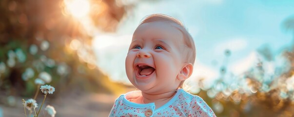 Adorable infant giggling in a soft focus close-up shot outside