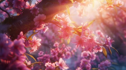 Blossoming cherry branches, vivid pink petals, radiant sunlight, magical bokeh effect, springtime awakening